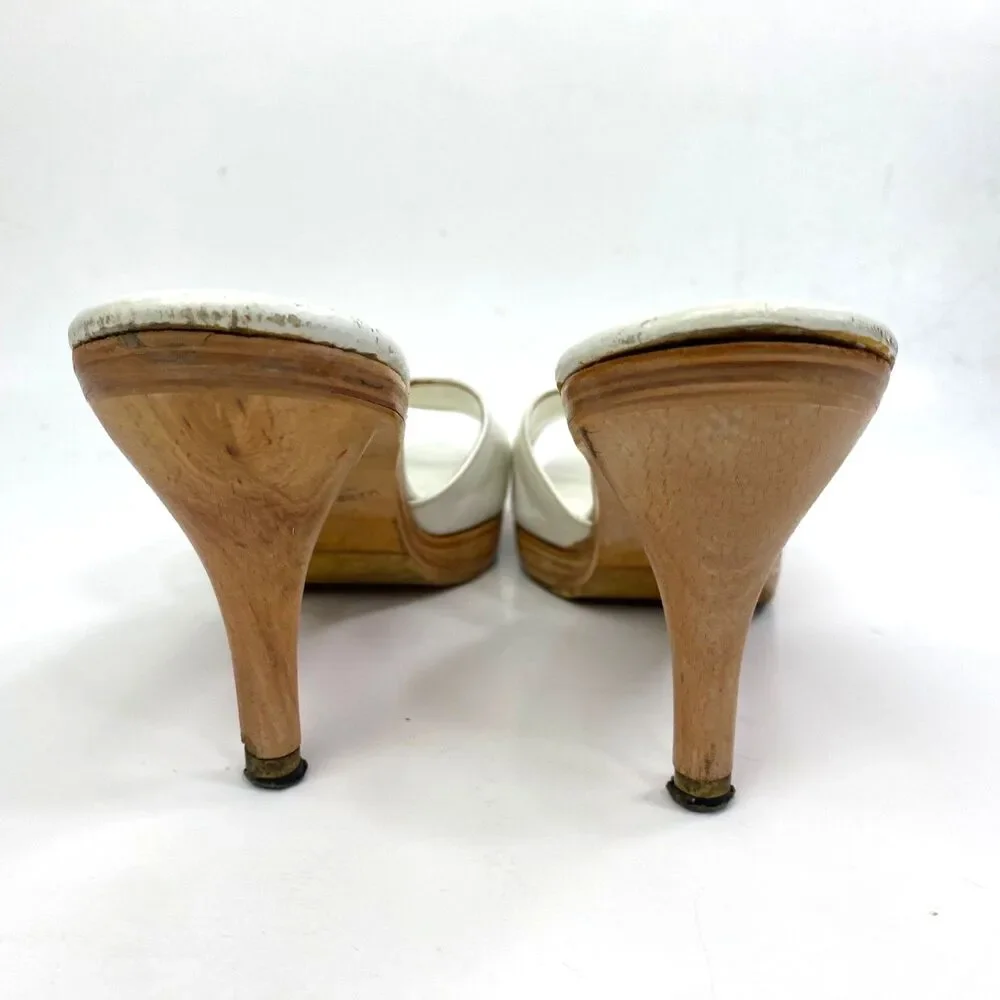 Vintage Made In Japan White Slip-On Heel Shoes 8.5 Open Toe Wood Lounge Resort